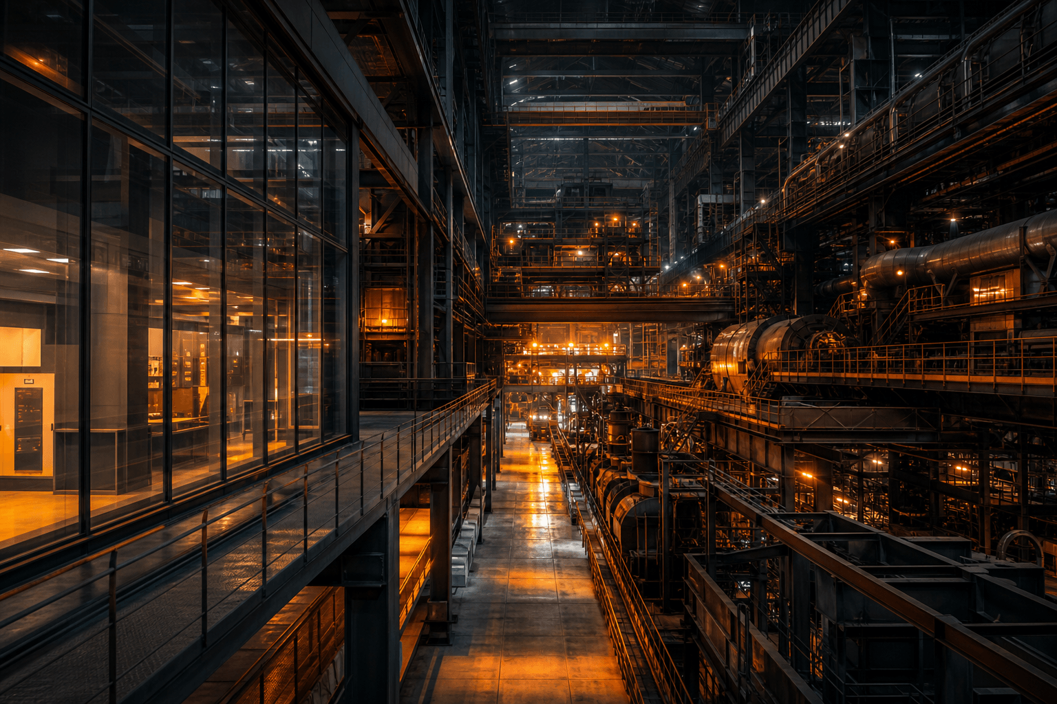 Industrial facility interior with warm lighting